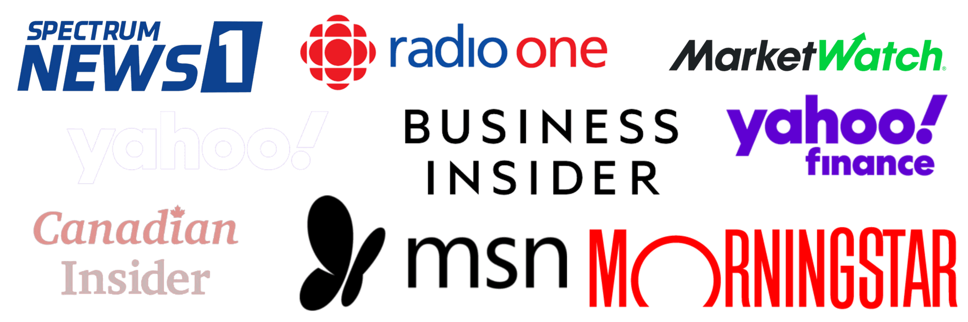 Media coverage logos: Spectrum News, Radio One, MarketWatch, Yahoo, Business Insider, Yahoo Finance, Canadian Insider, MSN, Morningstar